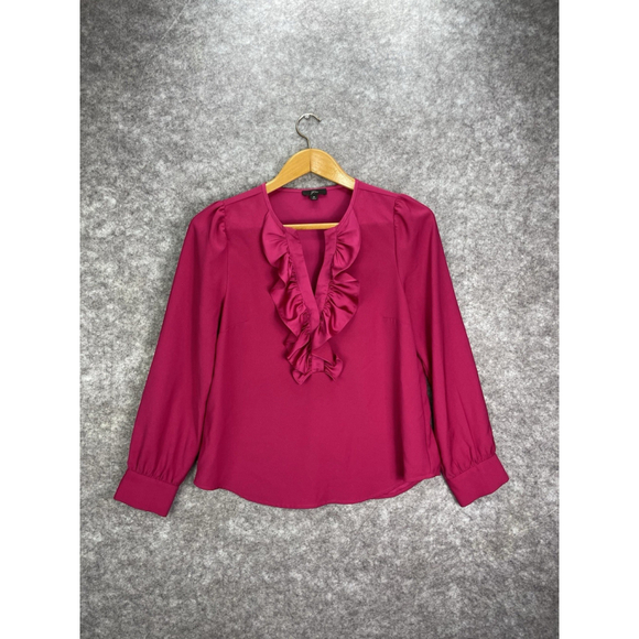 J.CREW Tops - J.Crew Pink Ruffle Front Long Sleeve V Neck Satin Blouse Top Womens size Medium